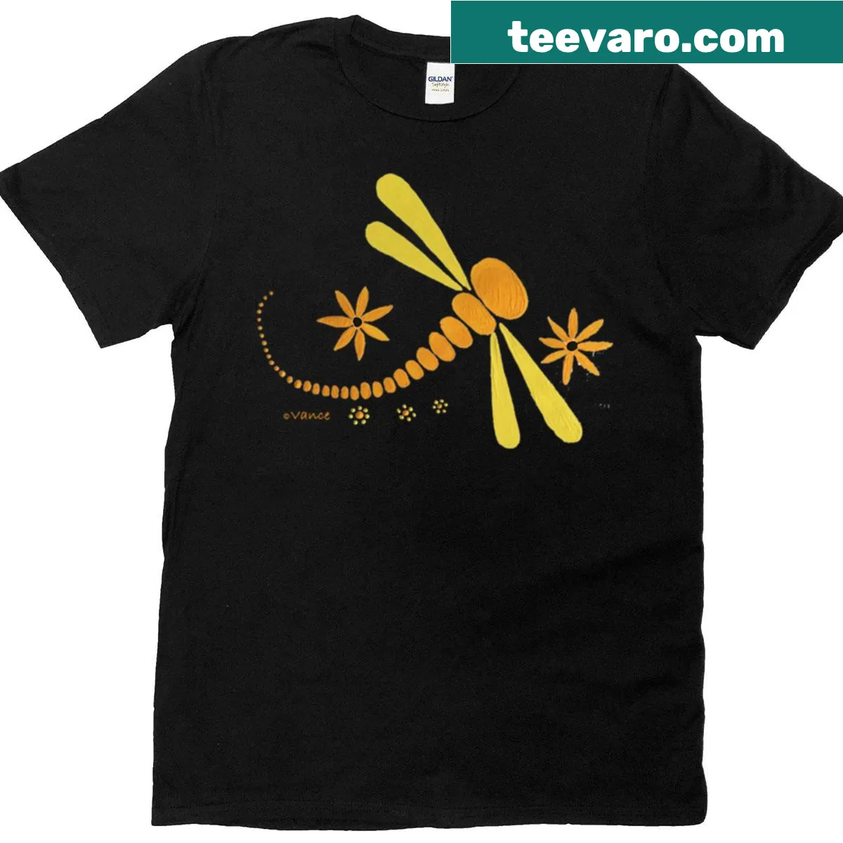 Playful dragonfly design t-shirt featuring illustrations of dancing dragonflies — on a men's t-shirt