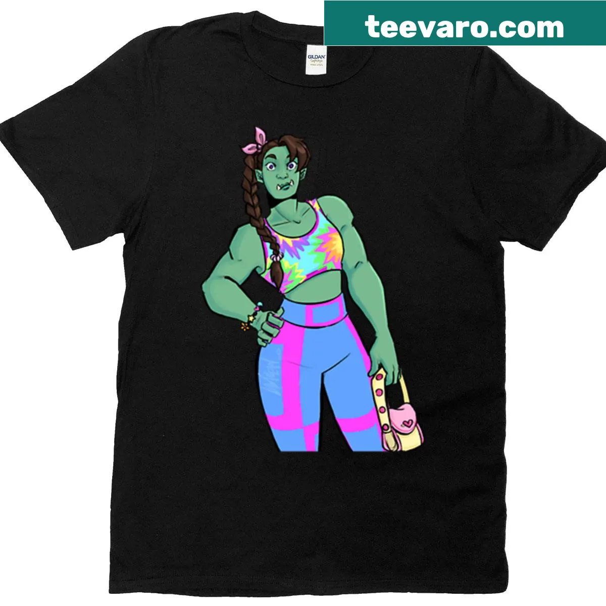 Playful cartoon orc doing yoga on a T-shirt — on a men's t-shirt