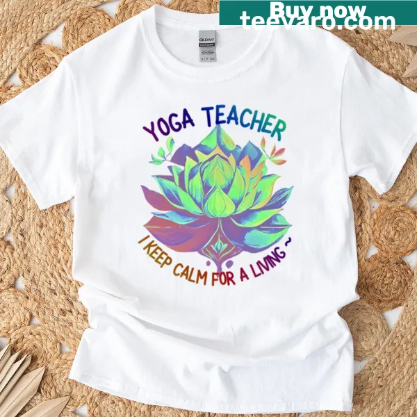 Funny yoga teacher T-shirt featuring humorous typography.