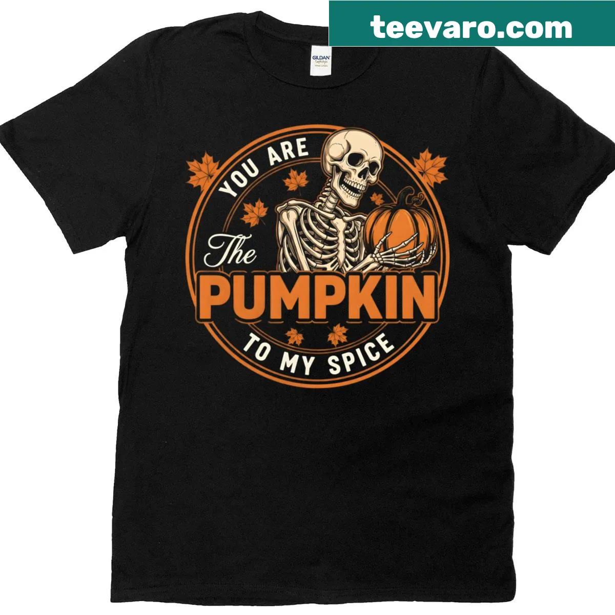 Funny Halloween T-shirt with skeleton and pumpkin spice graphic — on a men's t-shirt