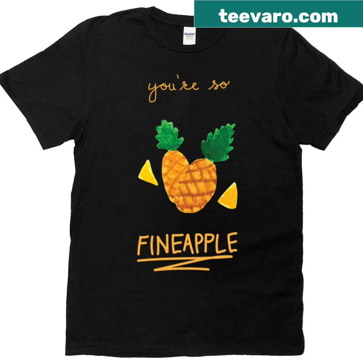Humorous 'Youre So Fineapple' typography on a playful casual t-shirt — on a men's t-shirt