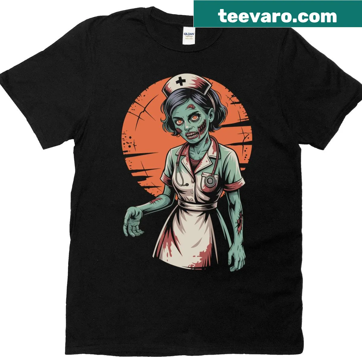 Zombie nurse graphic on retro t-shirt with a spooky full moon — on a men's t-shirt