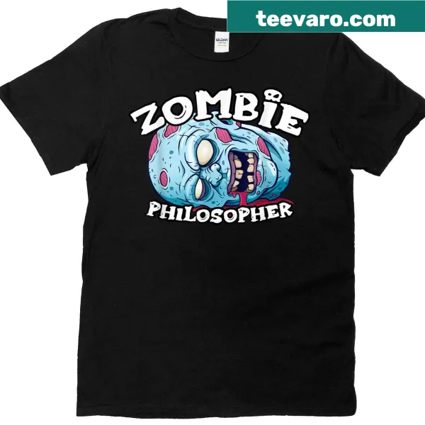 Zombie philosopher graphic T-shirt for Halloween with humorous design