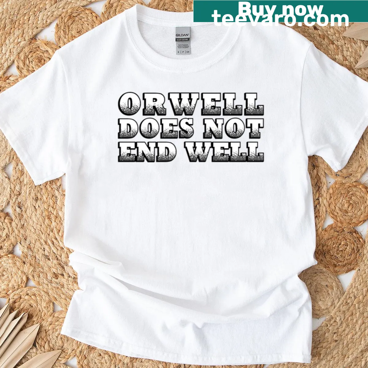 Text-based design featuring '1984 Orwell Does Not End Well' — on a men's t-shirt