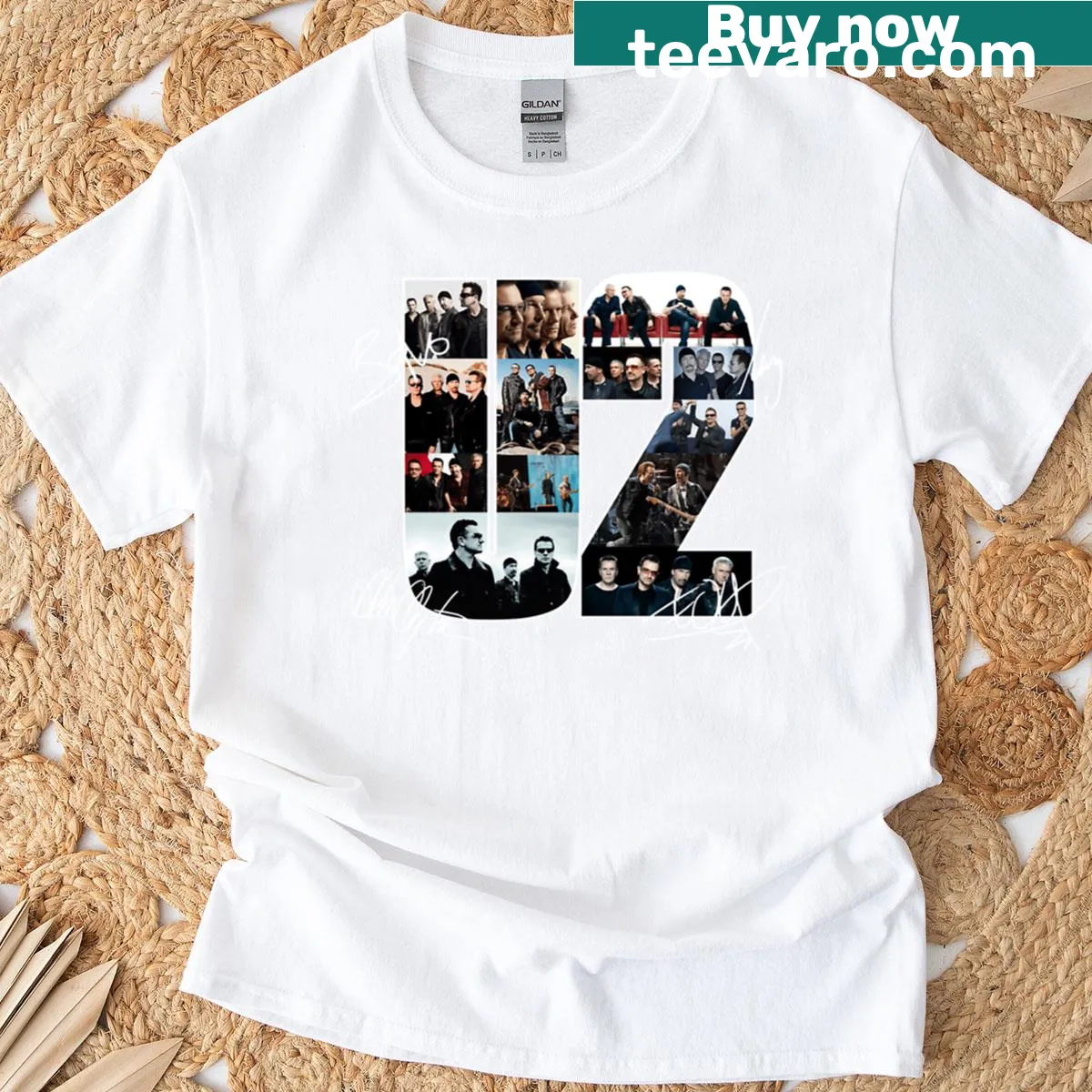 T-shirt featuring signatures of two rock bands — on a men's t-shirt