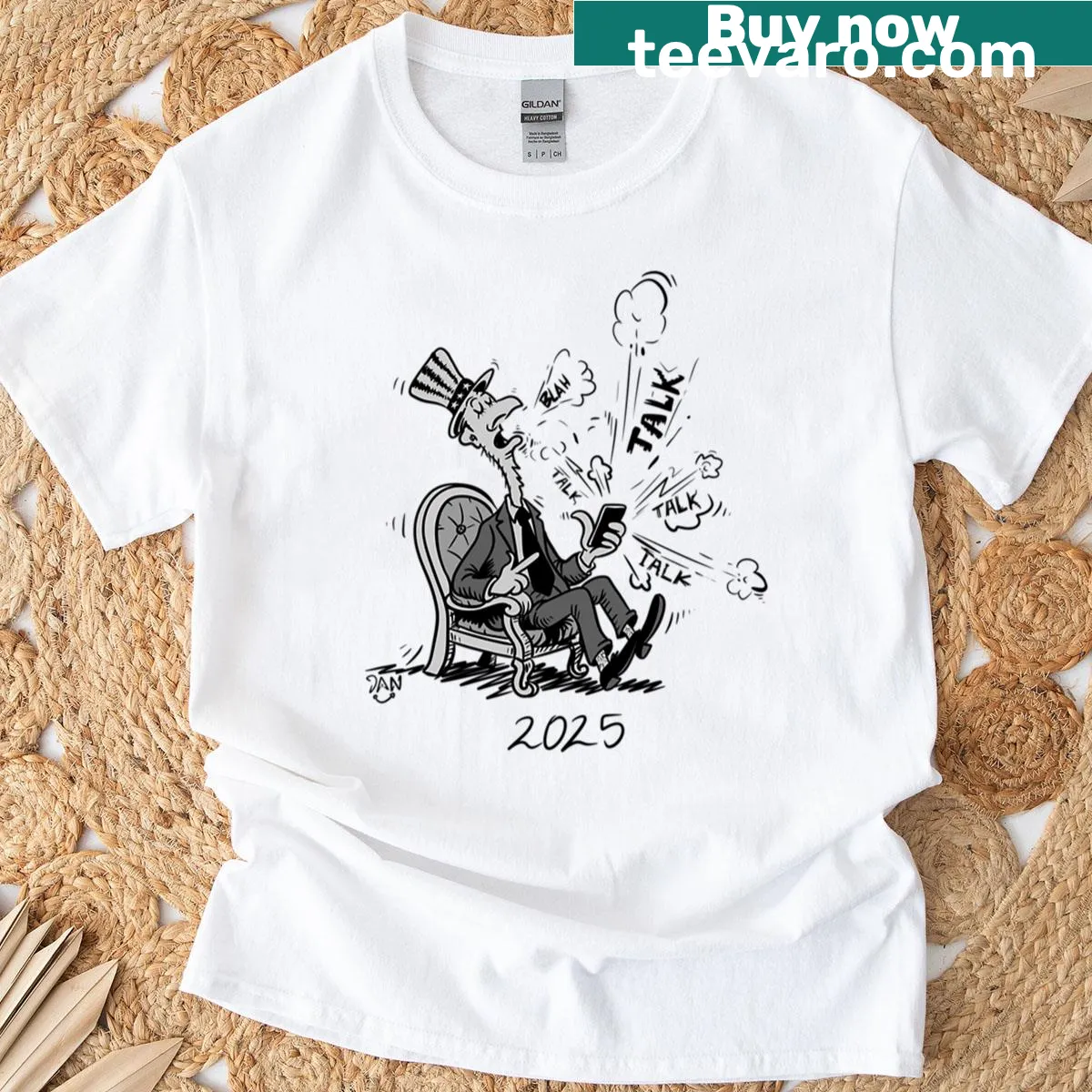 T-shirt featuring political cartoon design with bold text — on a men's t-shirt
