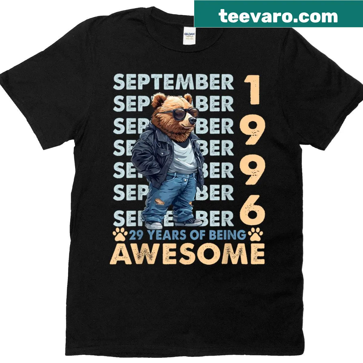 Cute bear graphic tee celebrating 29th birthday with September 1996 — on a men's t-shirt