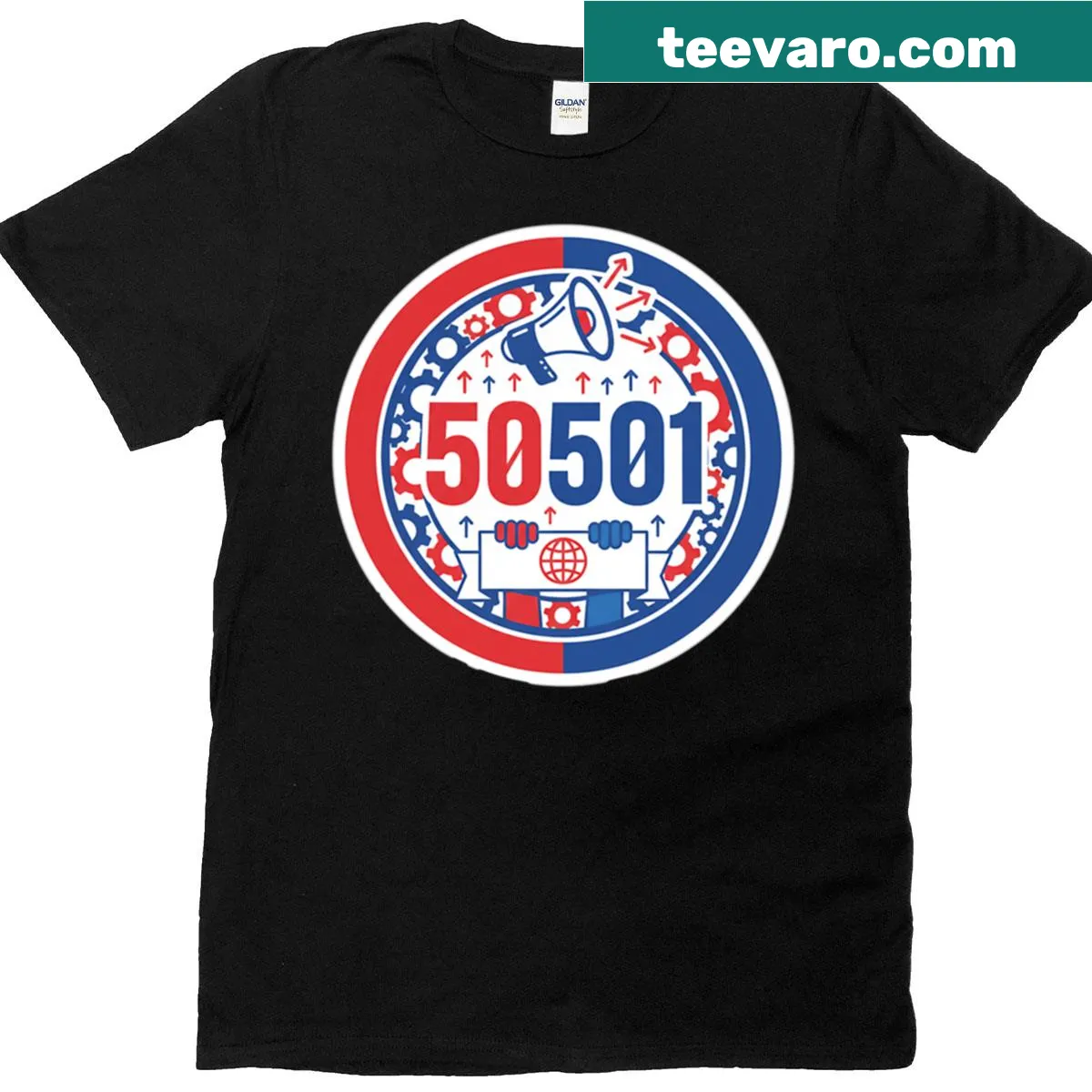 Oversized activist emblem T-shirt design — on a men's t-shirt