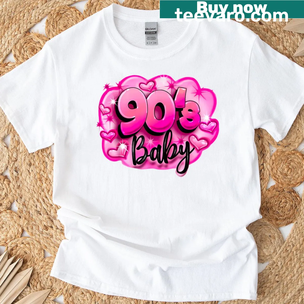 Retro T-shirt with 90s airbrush style graphic — on a men's t-shirt