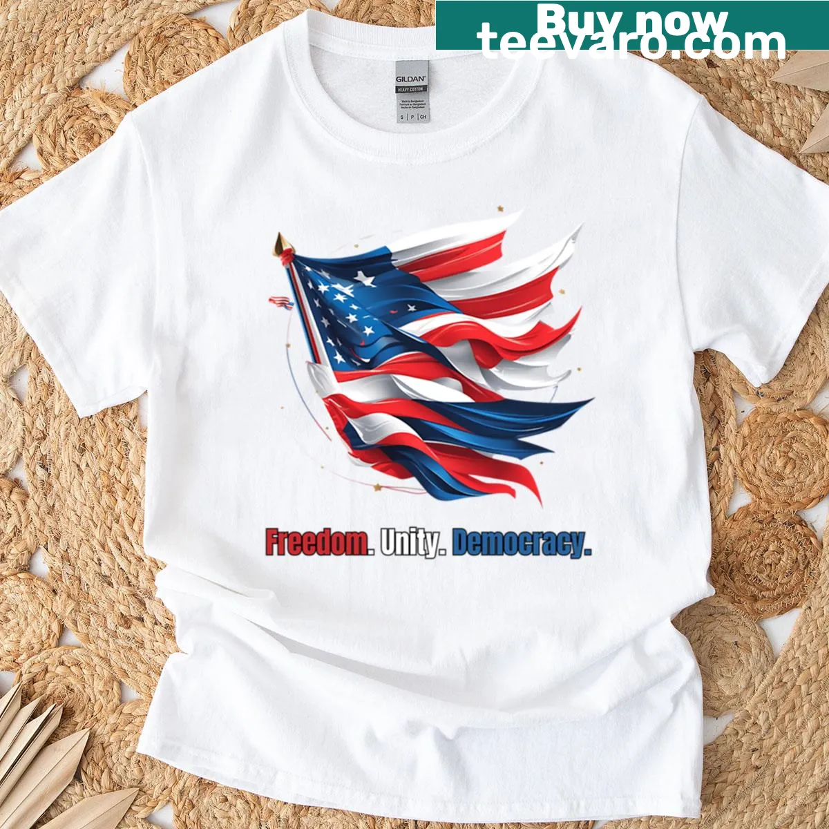 T-shirt with abstract design of American flag and democracy slogan — on a men's t-shirt