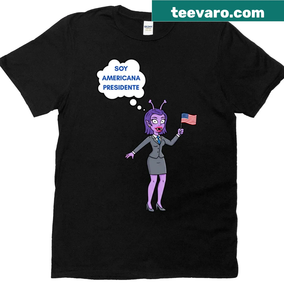Whimsical alien graphic tee with 'Soy Americana' slogan — on a men's t-shirt
