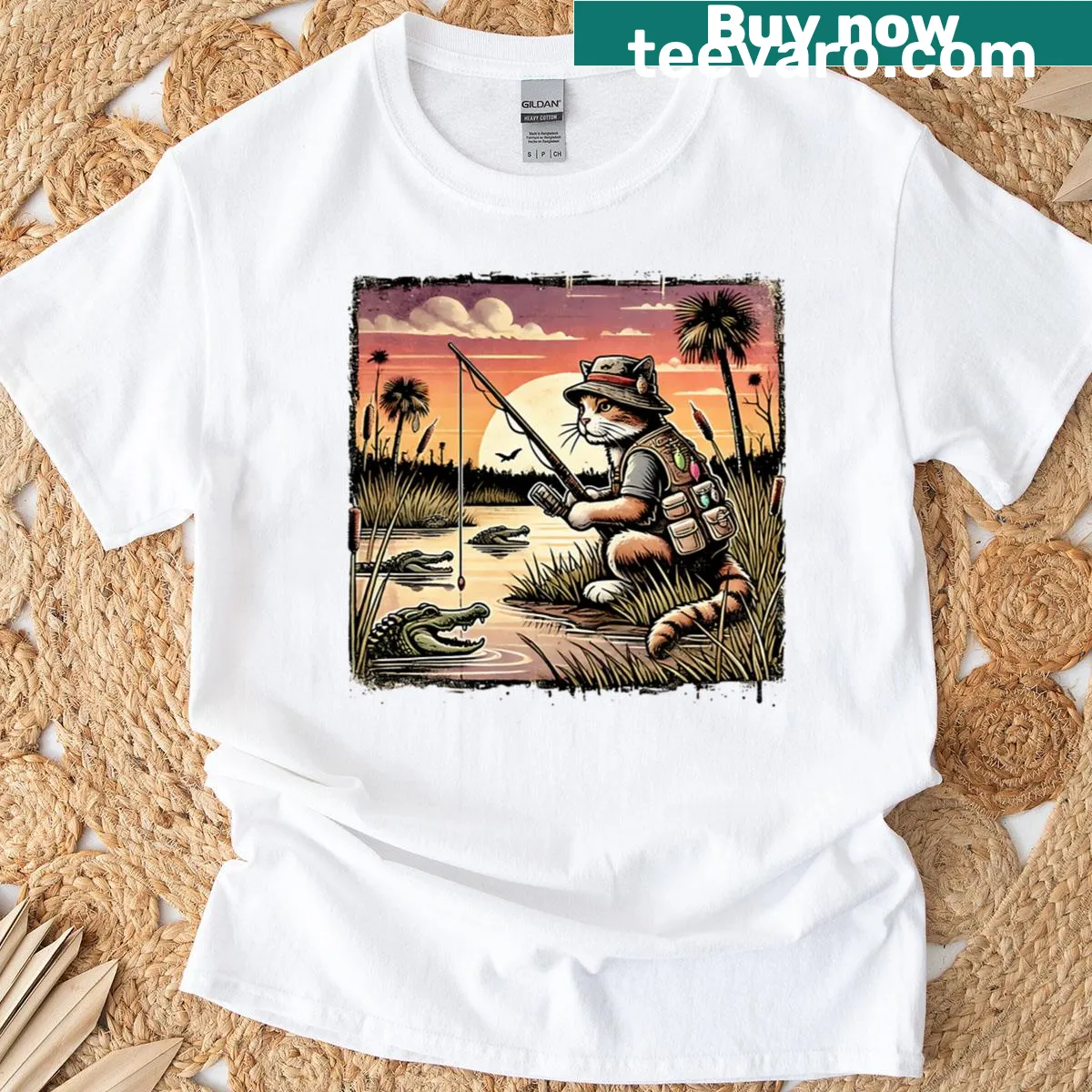 Cartoon T-shirt featuring an alligator and cat design — on a men's t-shirt