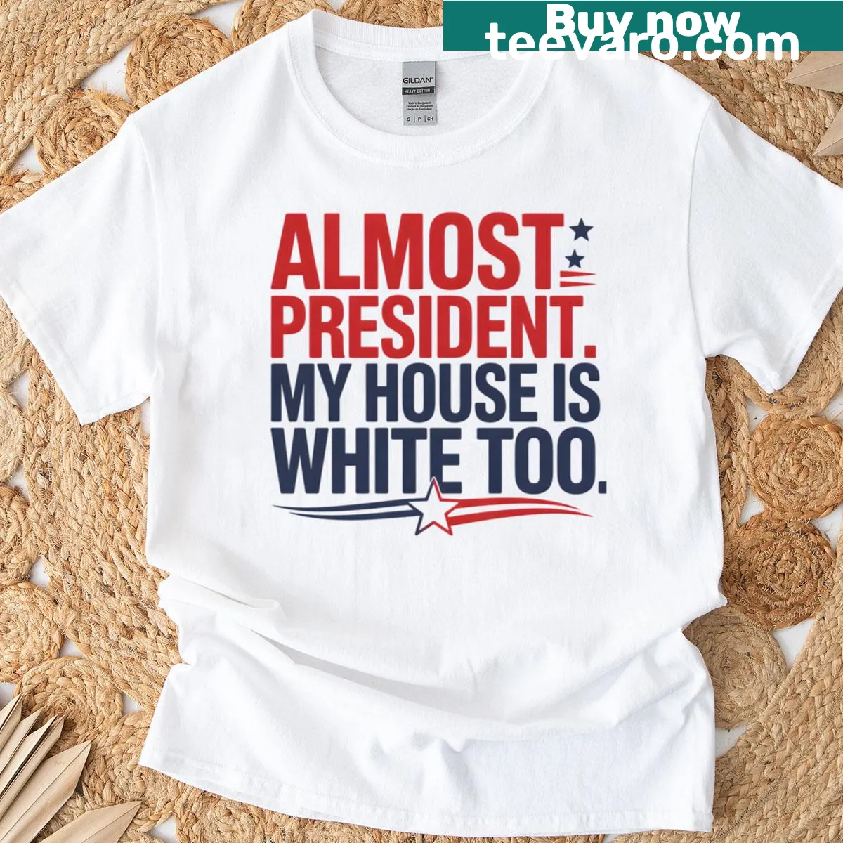 Funny patriotic T-shirt with 'Almost President' and star design — on a men's t-shirt