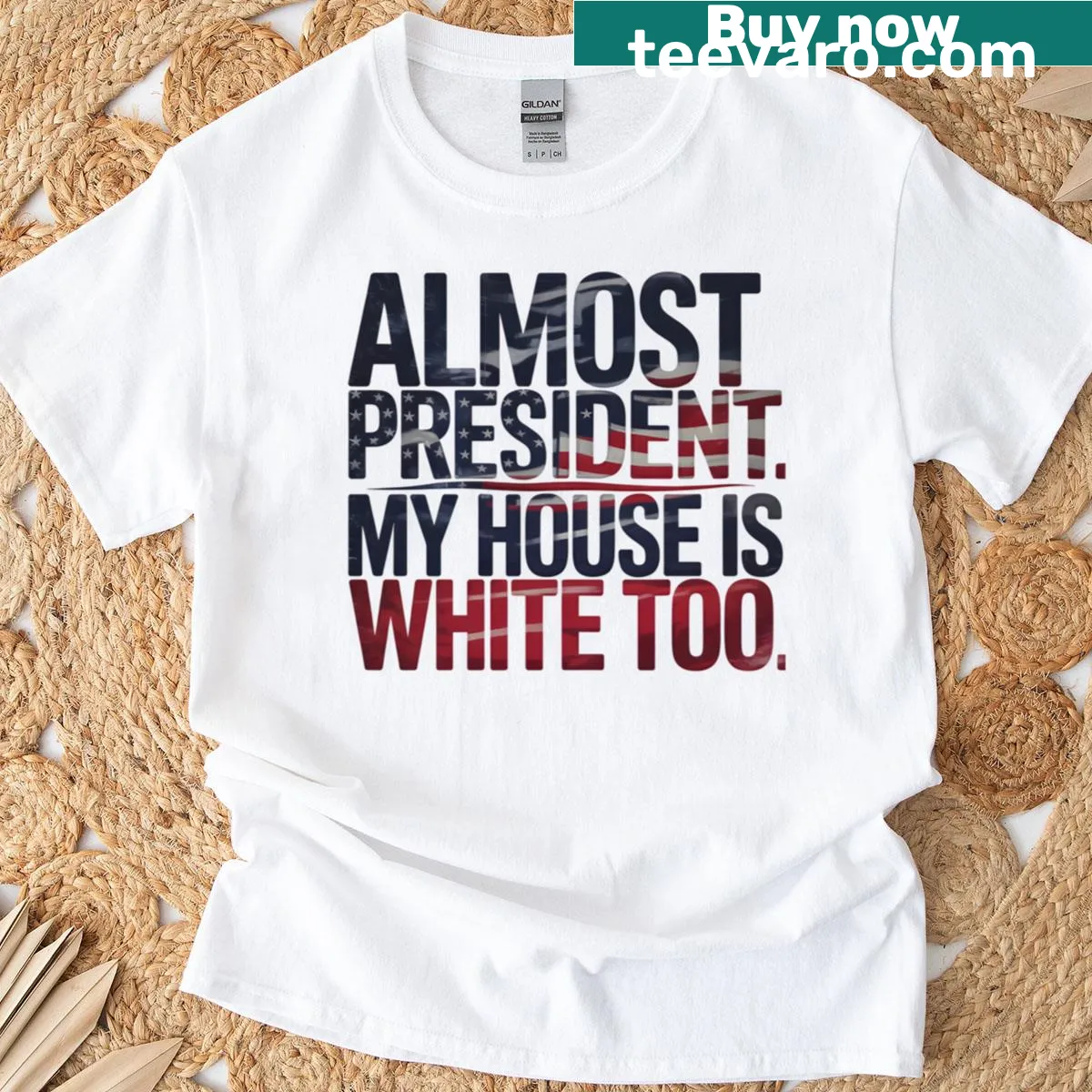 Funny oversized t-shirt with parody design featuring USA flag — on a men's t-shirt