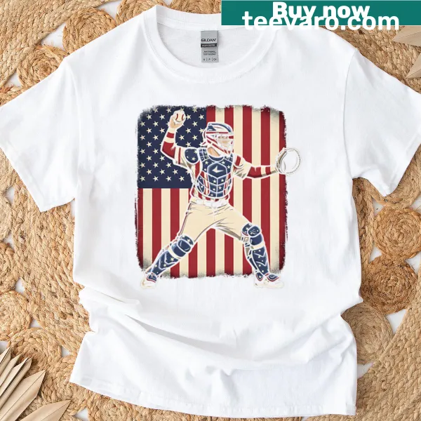 Vintage style baseball catcher T-shirt with USA flag design