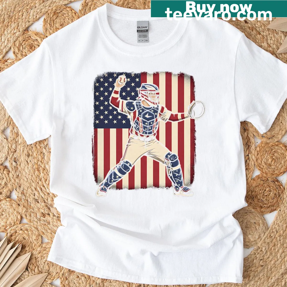 Vintage style baseball catcher T-shirt with USA flag design — on a men's t-shirt