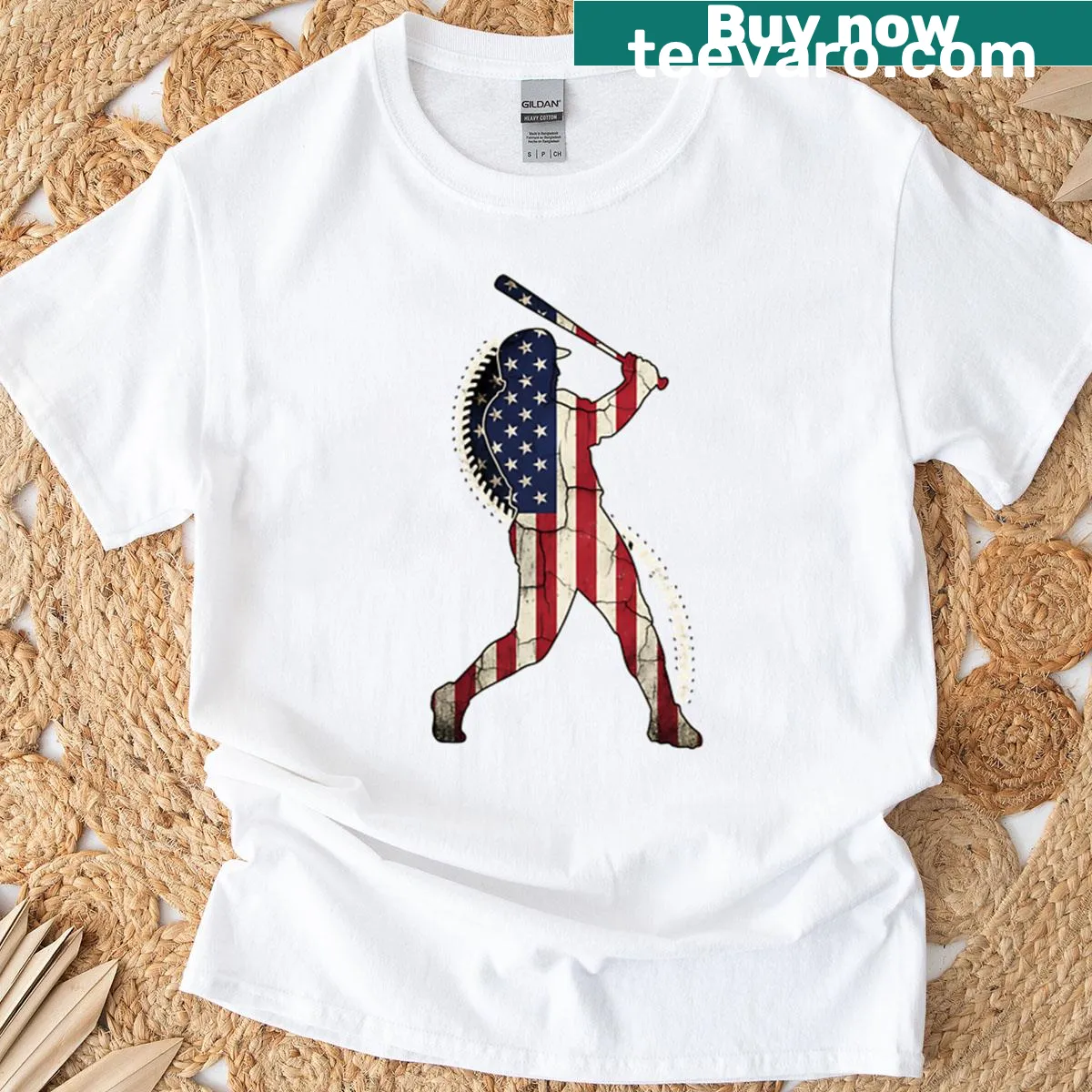 Baseball player graphic with American flag on a T-shirt — on a men's t-shirt