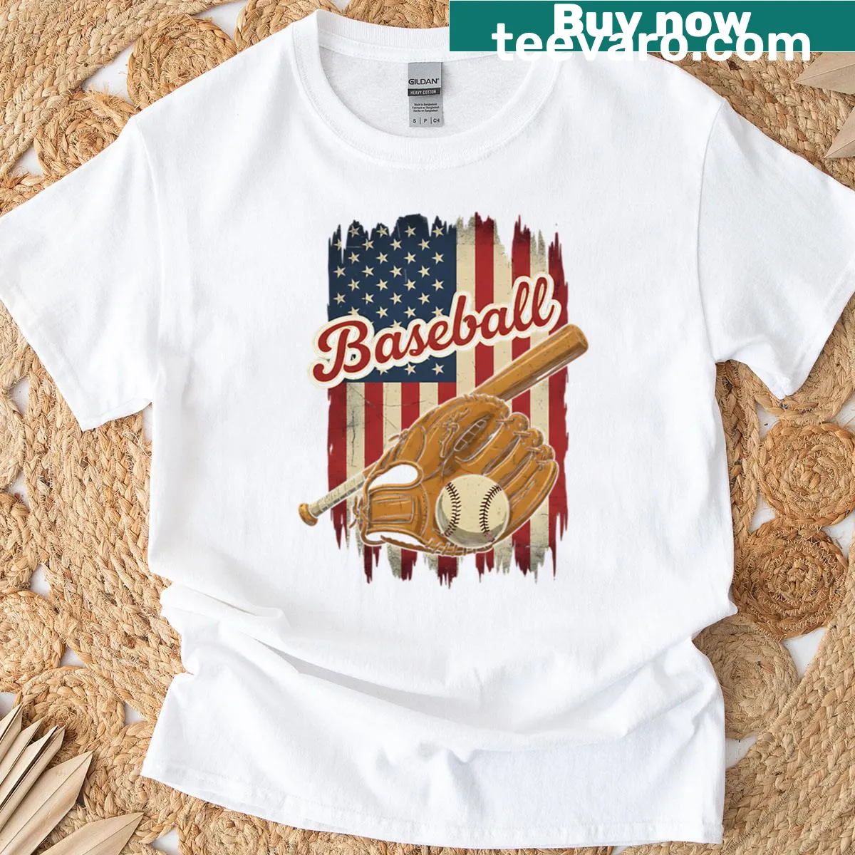 Graphic of a baseball player with an American flag design. — on a men's t-shirt