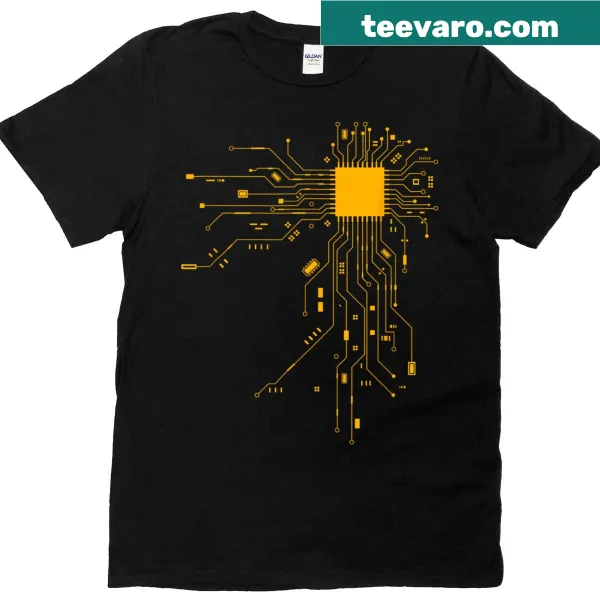 Anatomical heart and CPU processor line-art T-shirt.