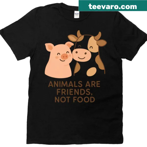 T-shirt with the message 'Animals Are Friends Not Food' in bold typography.