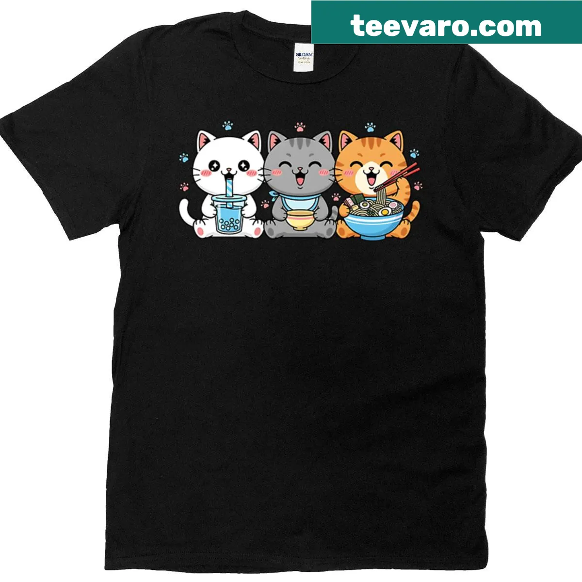 Cartoon T-shirt featuring boba tea, ramen, and gaming themes. — on a men's t-shirt