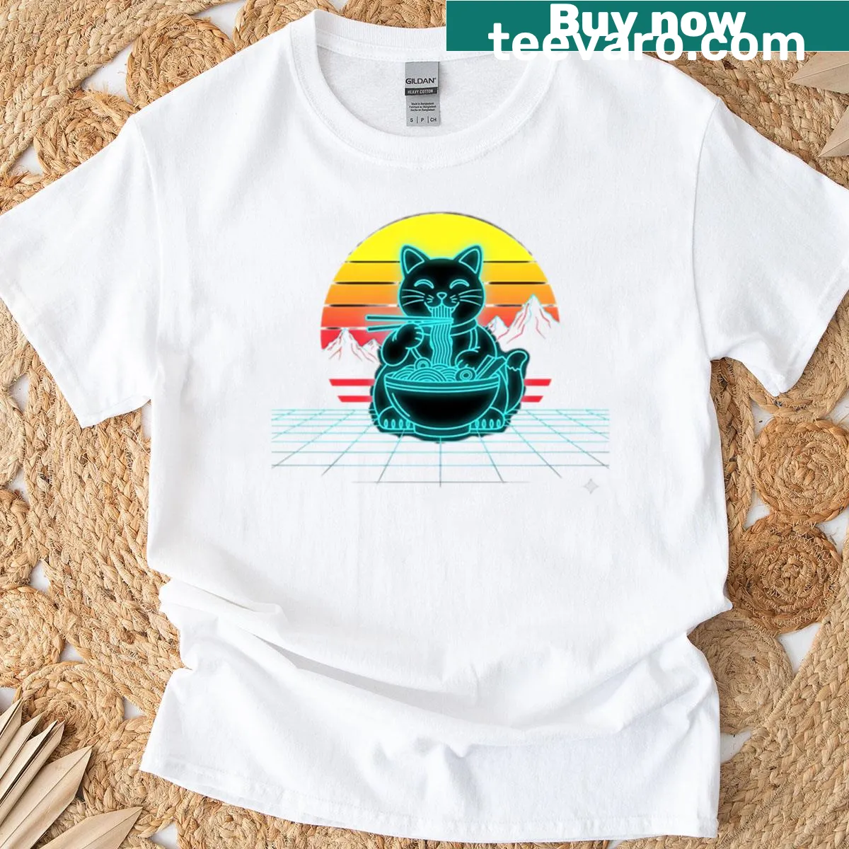 Cute retro t-shirt featuring a cat and Japanese ramen noodles. — on a men's t-shirt