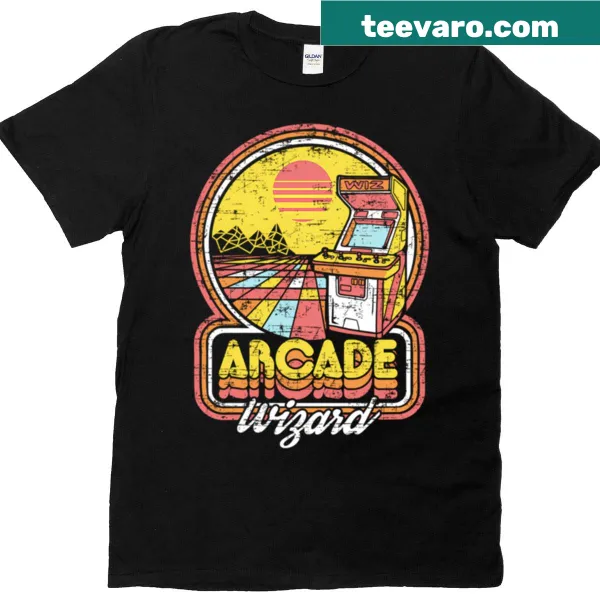 Cartoon design of an 'Arcade Wizard' on a fun gaming T-shirt.