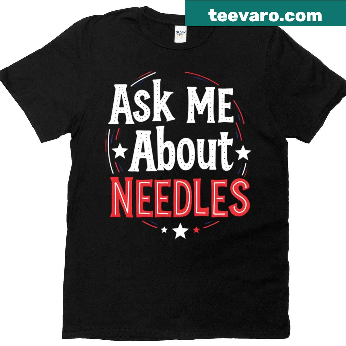 Red, white, and blue crafters T-shirt with humorous needle design — on a men's t-shirt