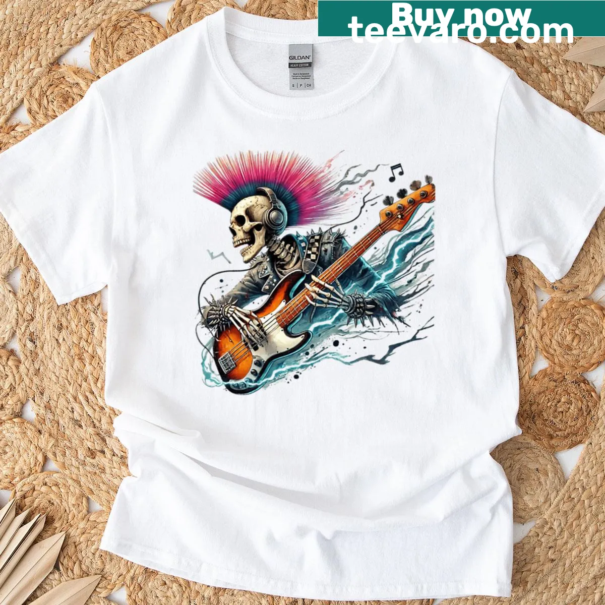 Skeleton rock band graphic on a punk T-shirt — on a men's t-shirt