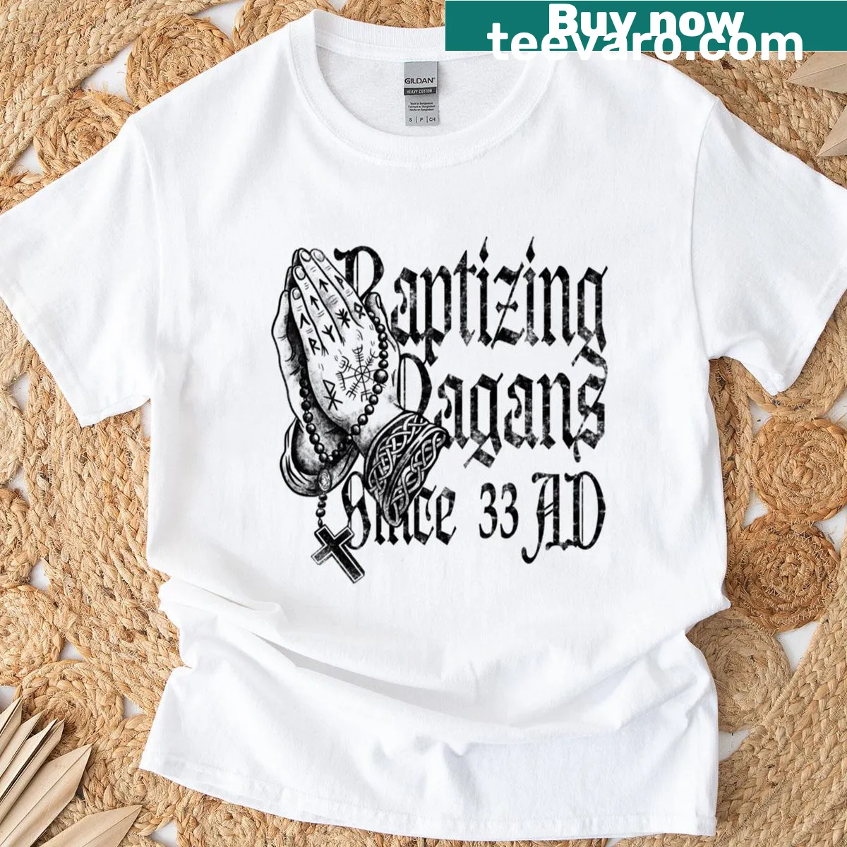 T-shirt with Baptizing Pagans Since 33 AD typography — on a men's t-shirt