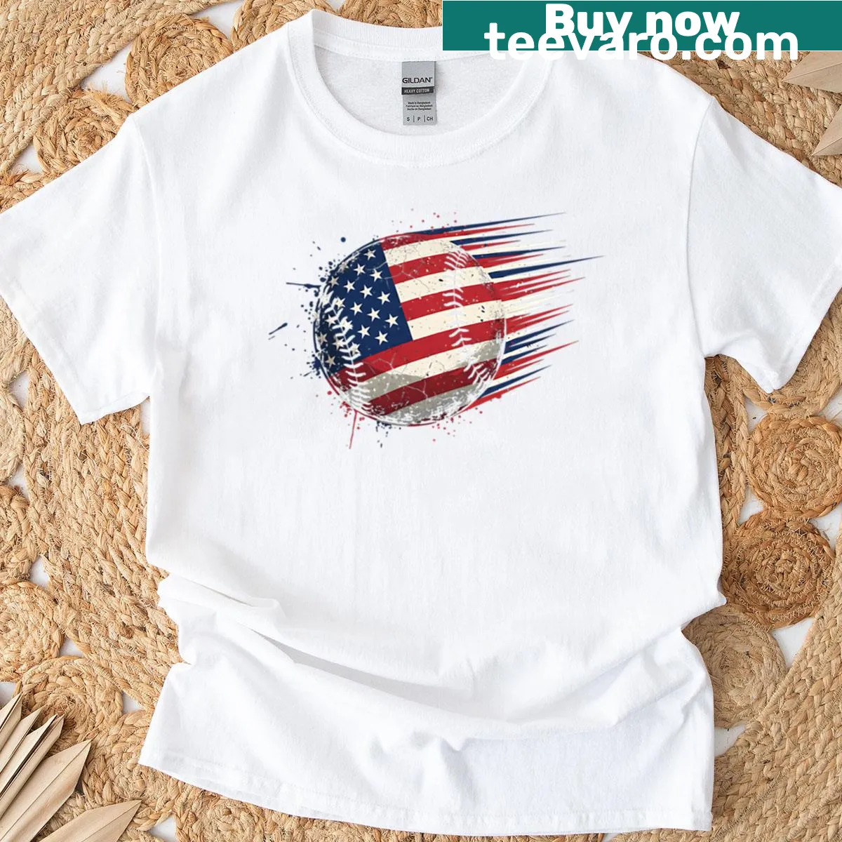 Patriotic baseball T-shirt with American flag design. — on a men's t-shirt