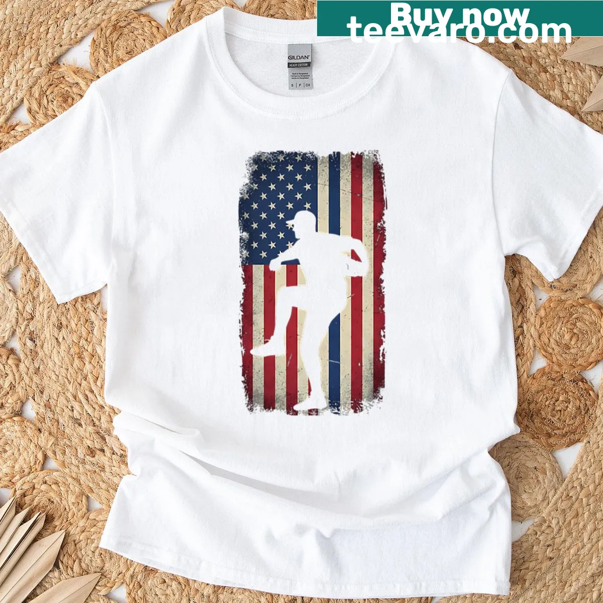 Patriotic t-shirt showcasing a pitcher with an American flag design. — on a men's t-shirt