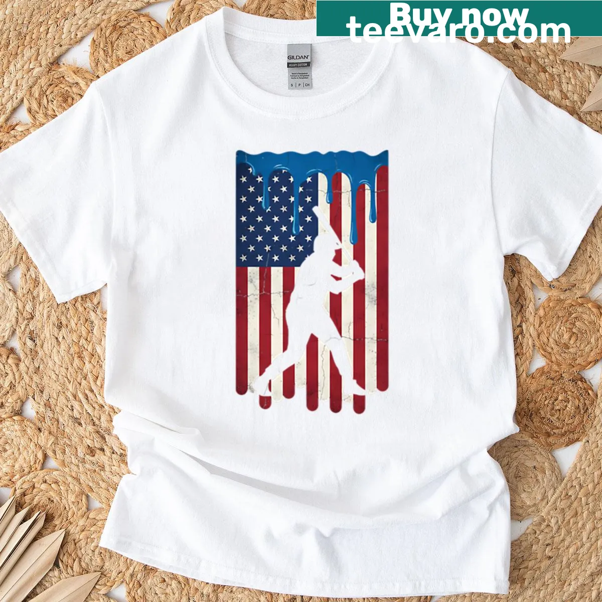Retro baseball T-shirt with boys dripping ice cream and American flag design — on a men's t-shirt
