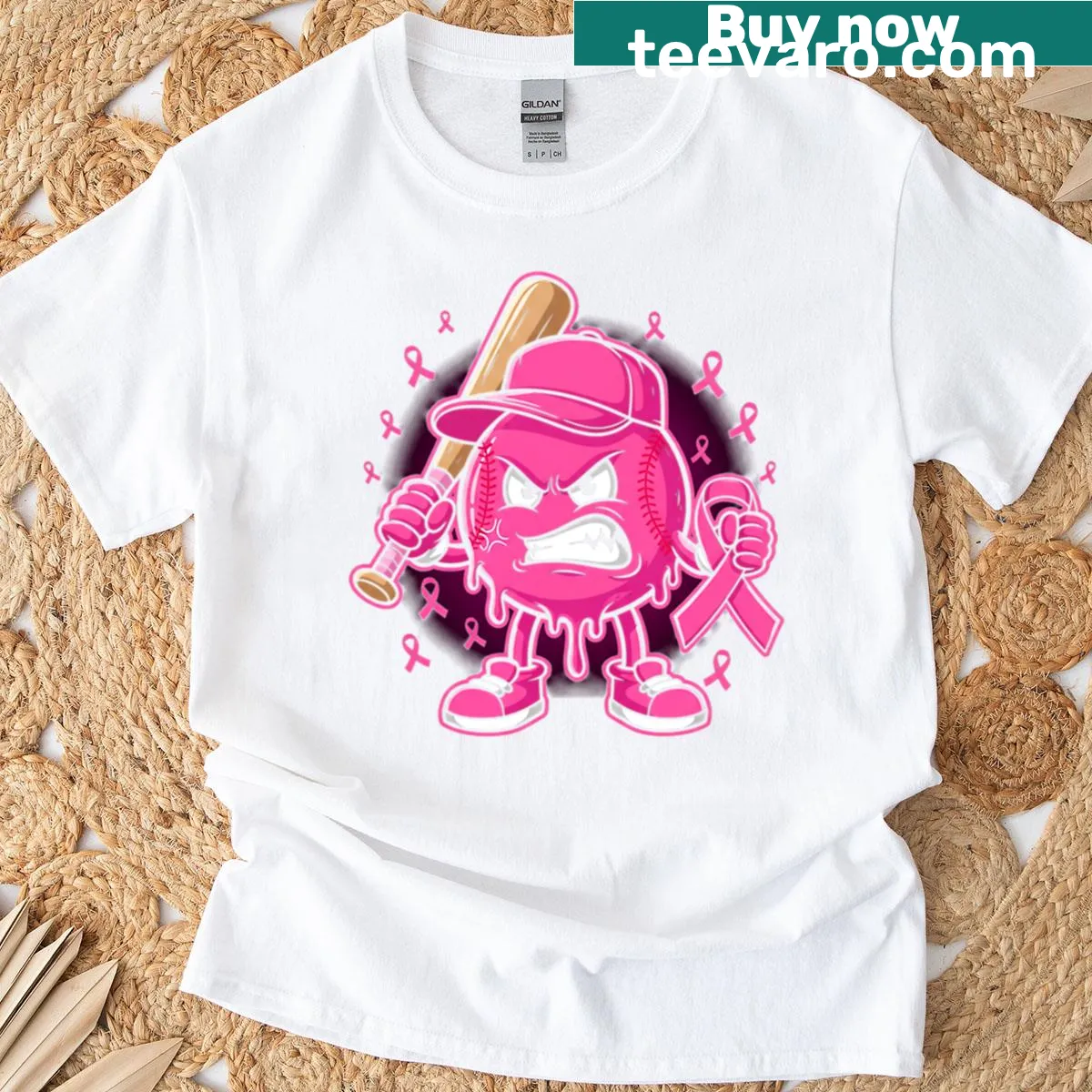 Breast cancer awareness T-shirt featuring baseball and pink ribbon graphic — on a men's t-shirt