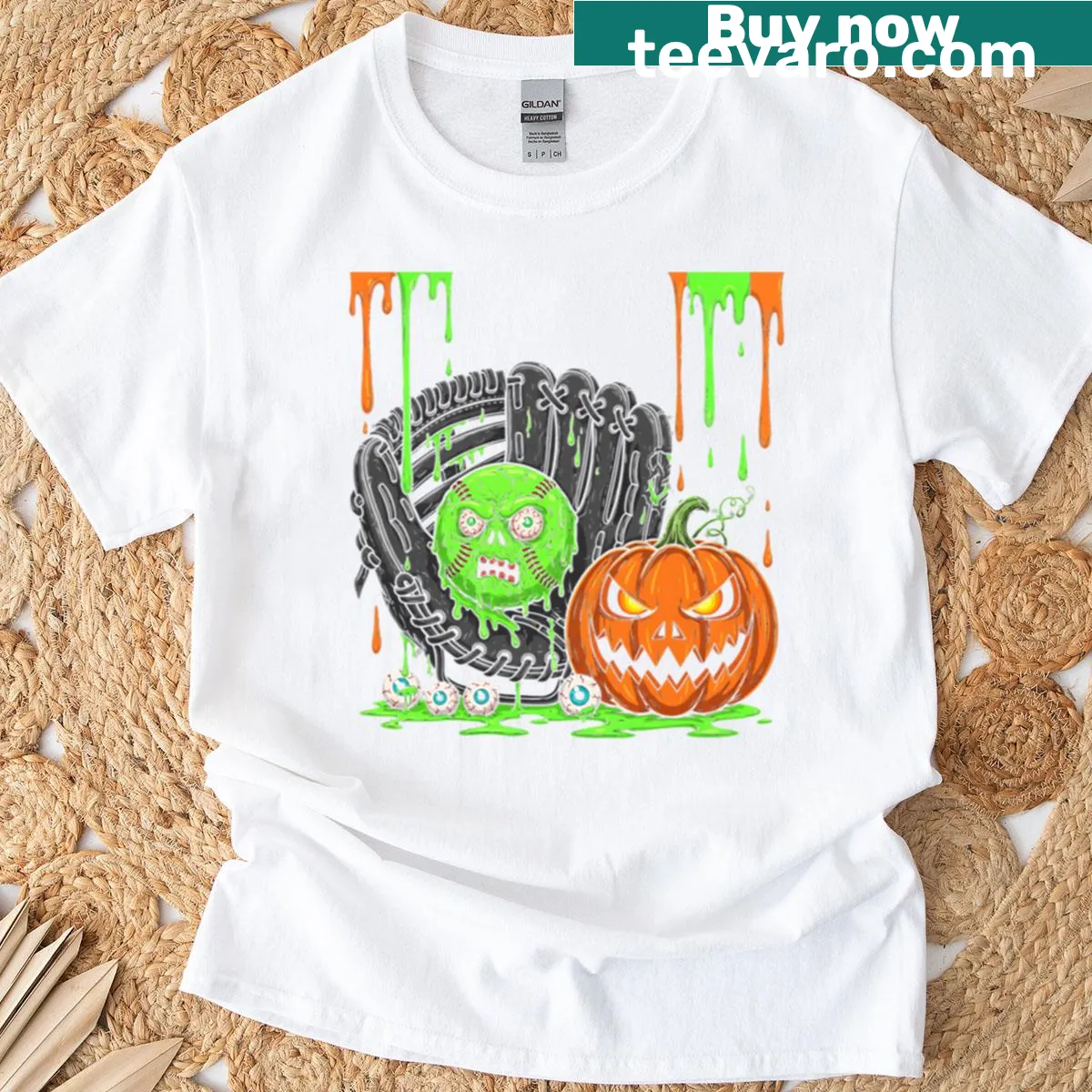 Cartoon T-shirt featuring a baseball ice cream cone with Halloween elements. — on a men's t-shirt