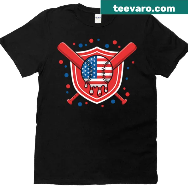 Patriotic t-shirt with dripping American flag and baseball design