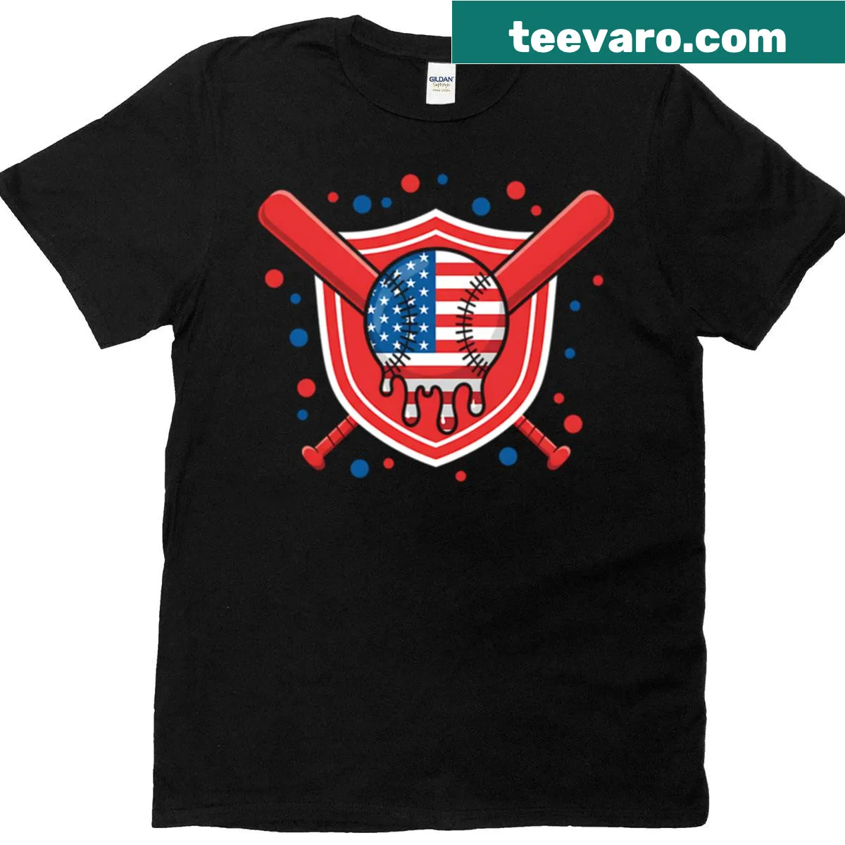 Patriotic t-shirt with dripping American flag and baseball design — on a men's t-shirt