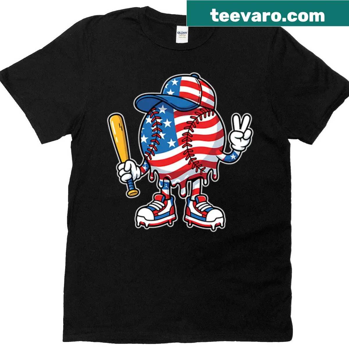 T-shirt with a baseball player design and American flag theme. — on a men's t-shirt