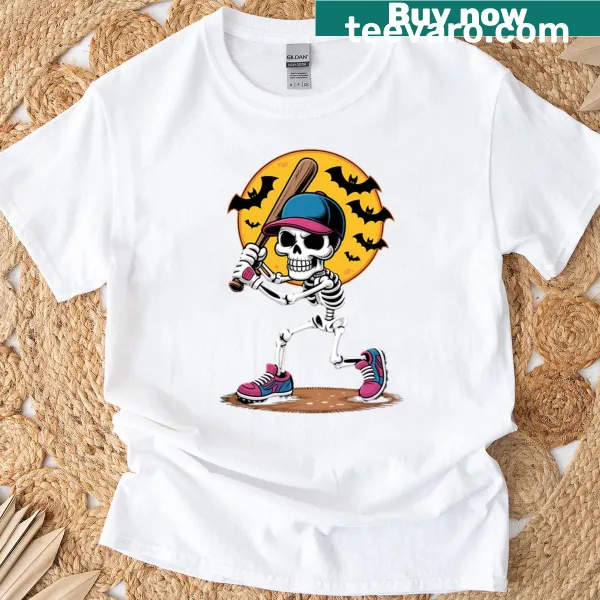 Skeleton baseball player graphic T-shirt