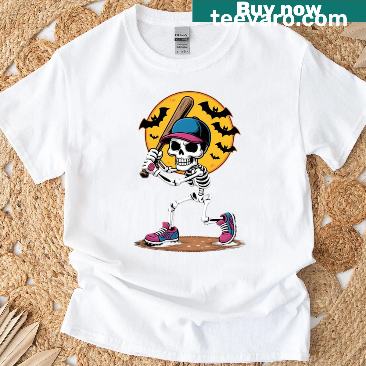 Skeleton baseball player graphic T-shirt — on a men's t-shirt