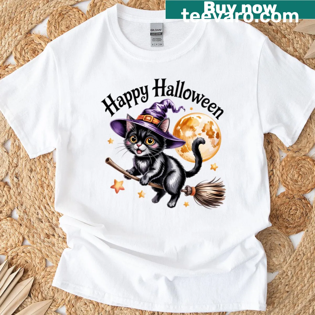 Cartoon black cat in a witch hat with Halloween elements on t-shirt — on a men's t-shirt
