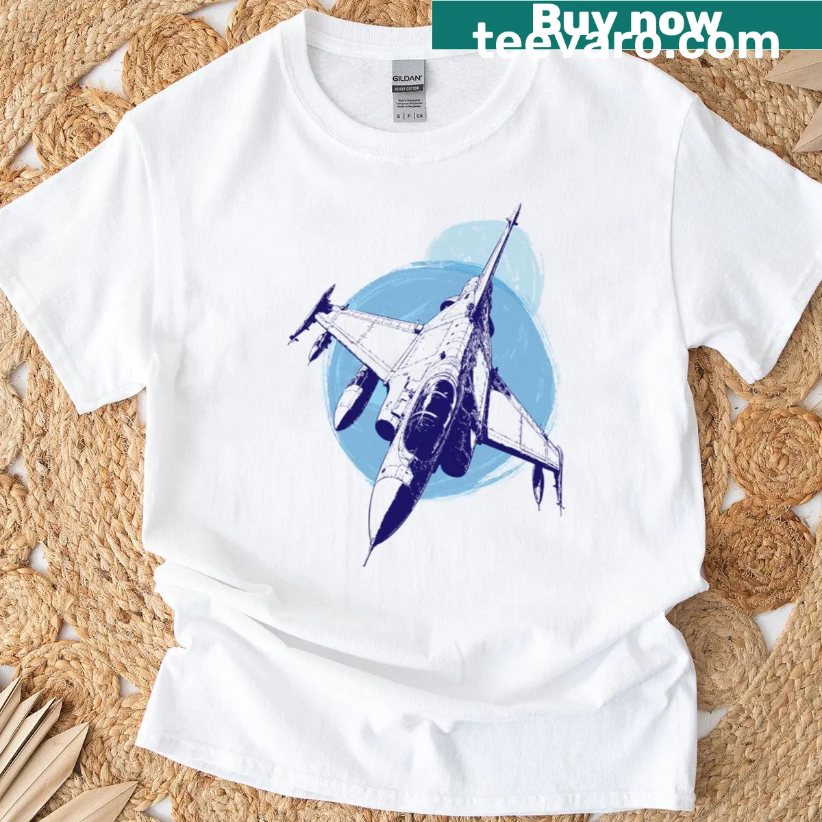 Illustration of a blue fighter jet on a T-shirt — on a men's t-shirt