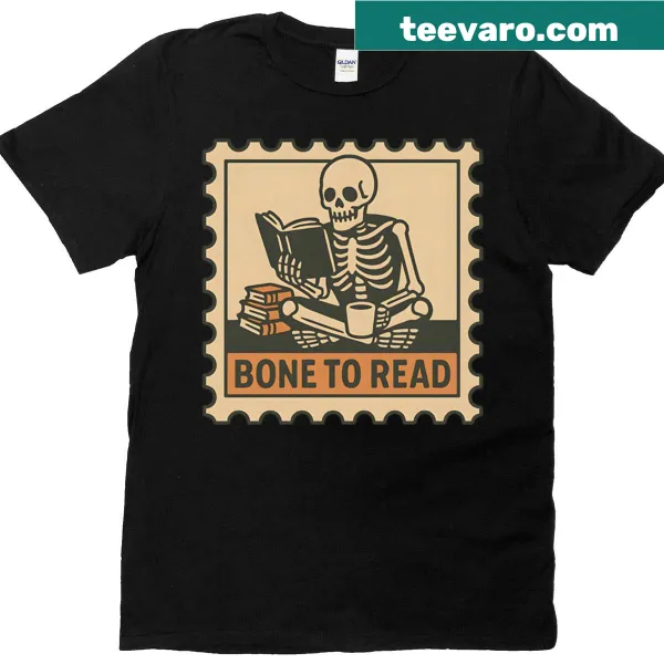 Skeleton reading a book graphic for Halloween humor t-shirt