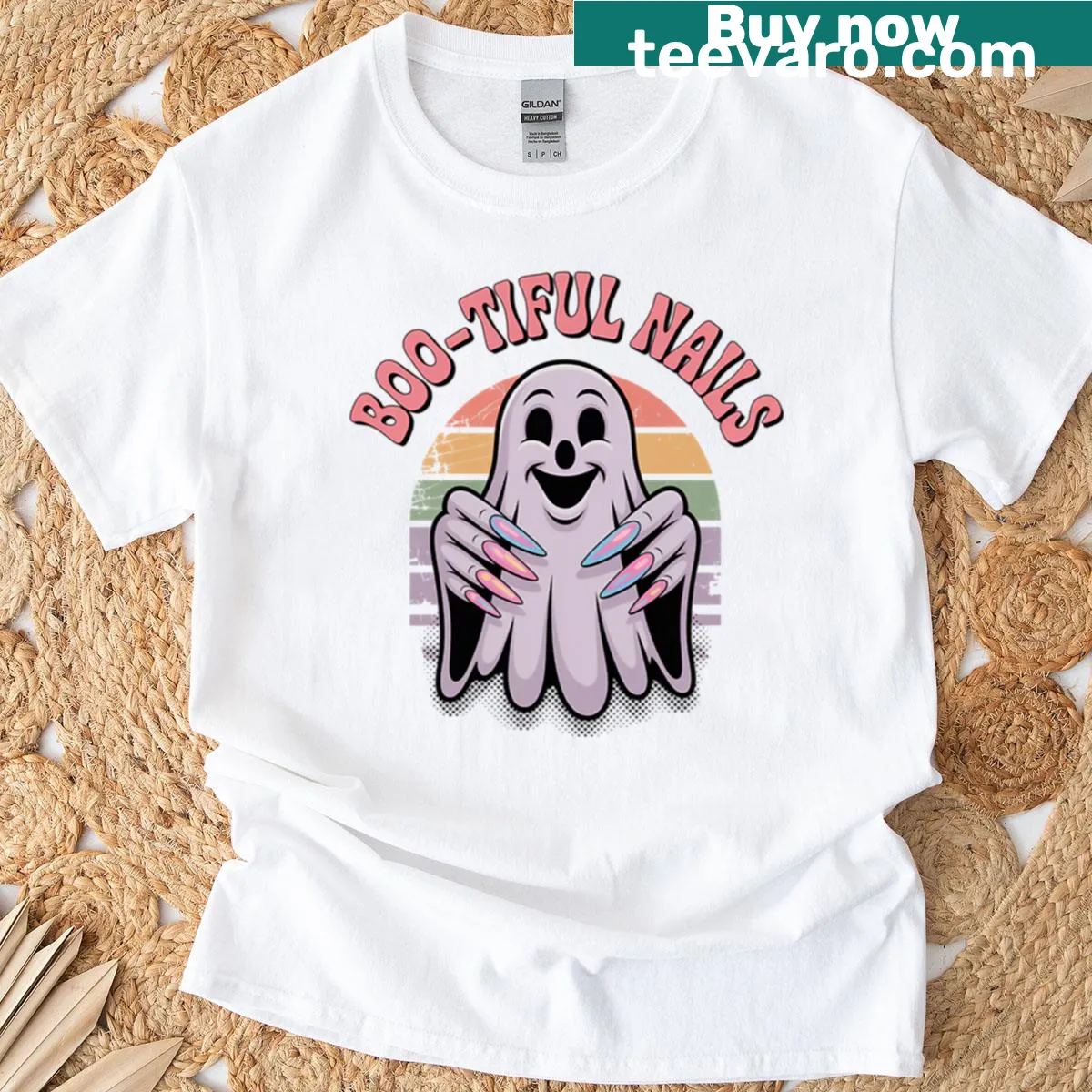 Halloween-themed shirt with cute ghost and nail art design — on a men's t-shirt