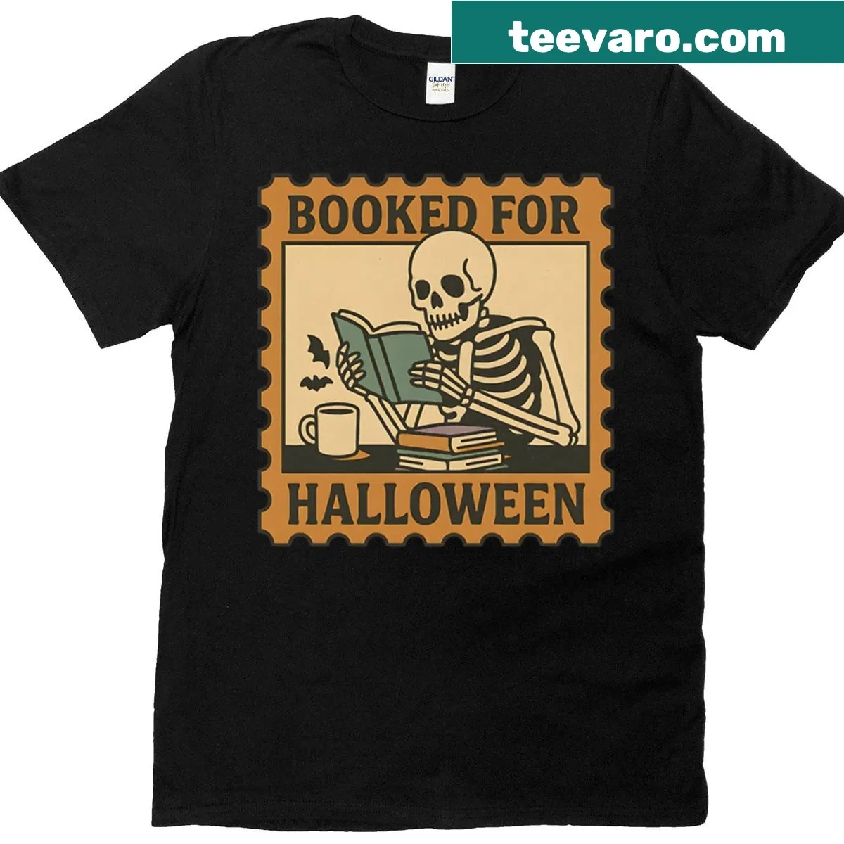 Cartoon skeleton reading a book for Halloween design — on a men's t-shirt