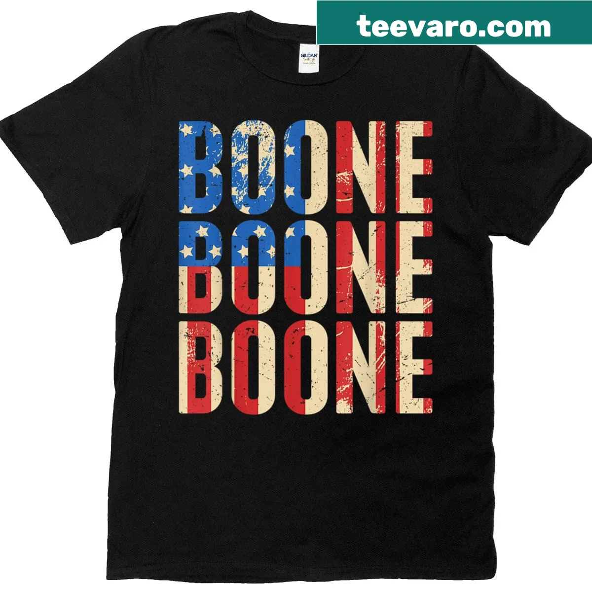 Personalized Boone family name T-shirt with US flag — on a men's t-shirt