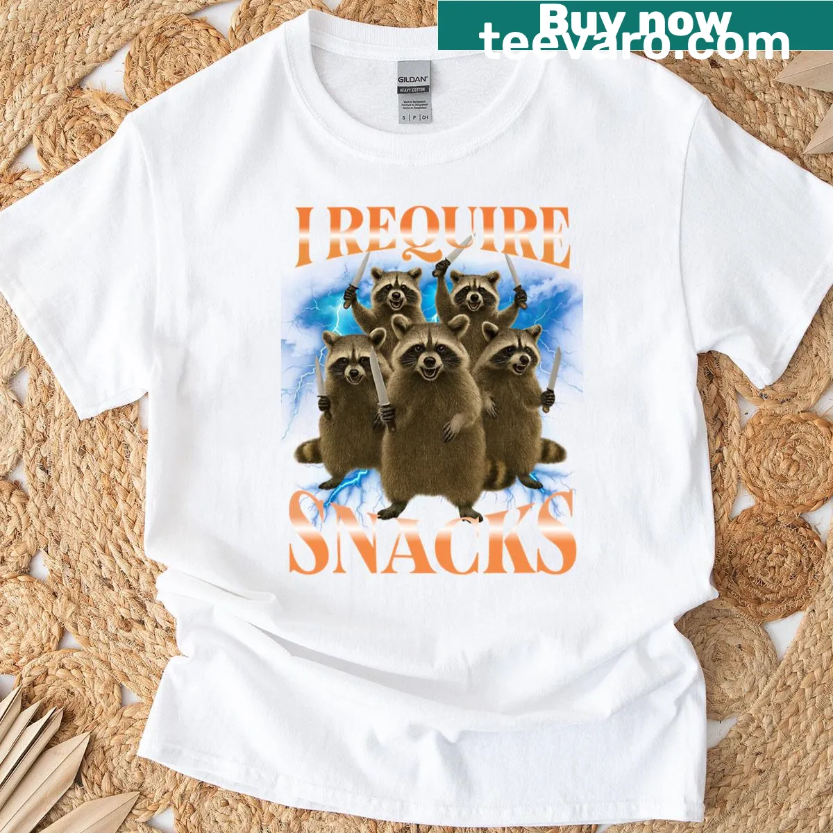 T-shirt featuring angry raccoons demanding snacks — on a men's t-shirt