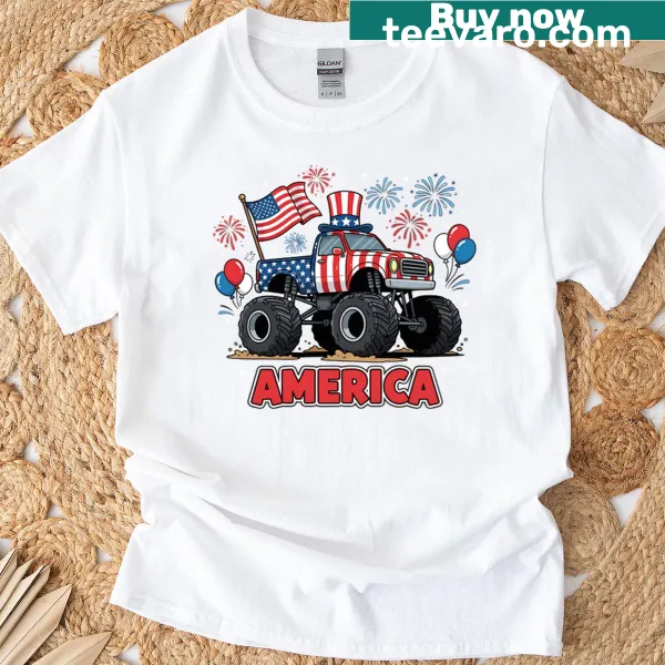 Kids' T-shirt with monster trucks and tractors celebrating Independence Day