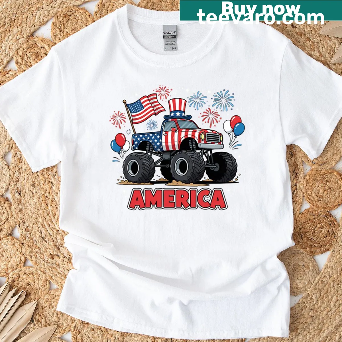 Kids' T-shirt with monster trucks and tractors celebrating Independence Day — on a men's t-shirt