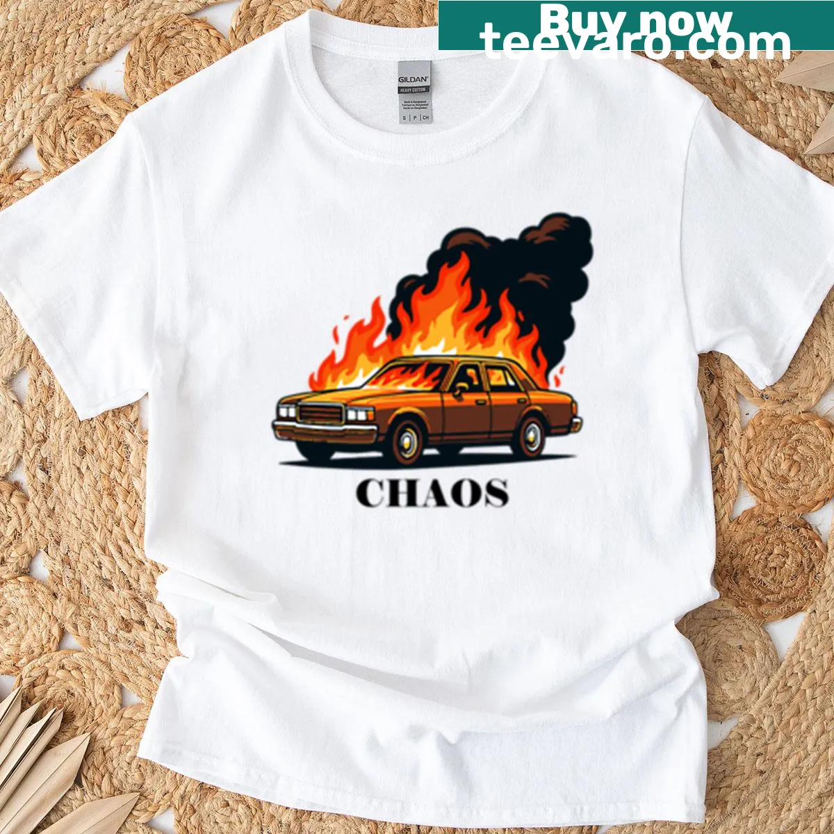 Illustration of a burning car on a bold T-shirt — on a men's t-shirt